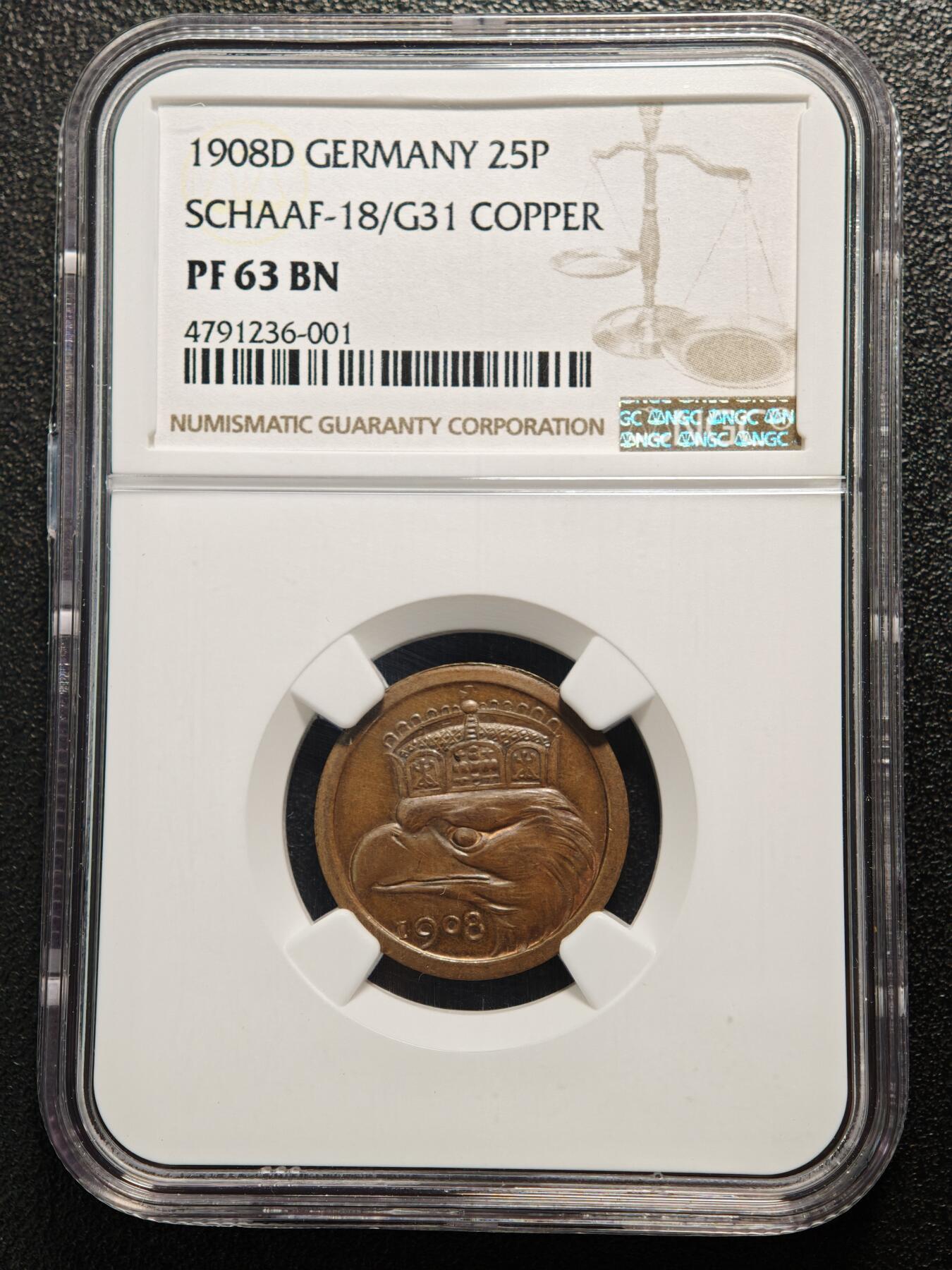 【德藏】世界币章拍卖第161期 1908年 德国25芬尼大嘴鹰 精制铜样币 章牌大师:卡尔歌茨作品 NGC PF63BN