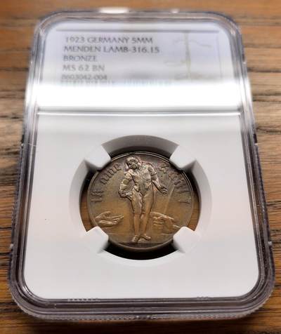 凡希社世界钱币微拍第三百十八期 - 1923德紧门登口袋空空的男子5百万马克铜币NGC-MS62