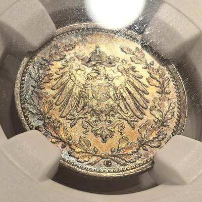 博洋堂“生趣盎然”4月精品专场暨第169期（全场包邮） NGC MS63 德国1915年1/2马克银币，超炫半月彩包浆，顶级的视觉盛宴