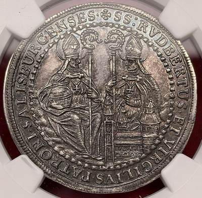 凡希社世界钱币微拍第三百十八期 - 1705神罗萨尔茨堡主教区约翰恩斯特大主教2/3泰勒银币NGC-MS63，稀见面值，传世欧陆五彩，侧光下呈现金紫绿光泽，包浆自然醇厚，极为养眼的一枚教邦钱币标志品种。（附视频）