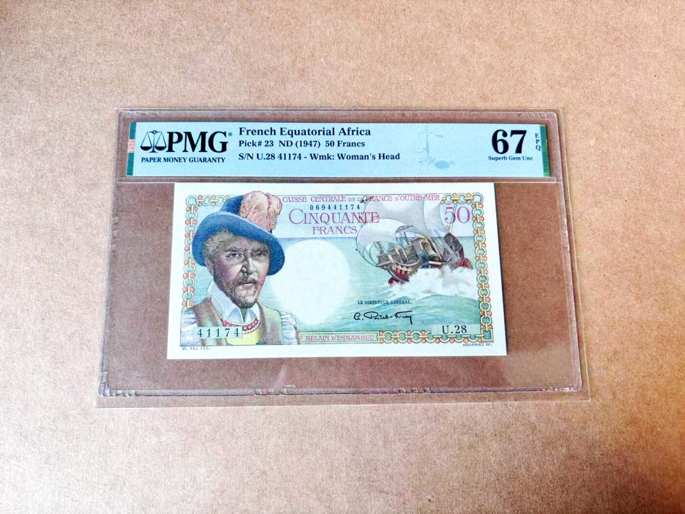 【Blue Auction】世界纸币精拍第774期——18级TOP拍卖/信誉/品质/专业/高效💫 【冠军分 无加盖少见】法属赤道非洲 1947年50法郎 经典白奶球 PMG67EPQ 顶级高分 法属爱好者必备 非常少见 都沉淀在大藏家手上 正面人物：法国著名商人和冒险家Belain d'Esnambuc 其于1627年建立了巴斯特尔 后成为圣基茨和尼维斯独立国家的首都