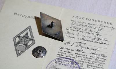 大猫徽章拍卖 第286期 苏联总参伏罗希洛夫军校带证书，章为第一版