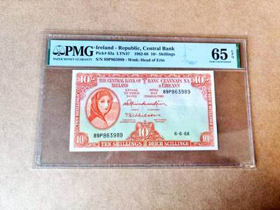 【Blue Auction】世界纸币精拍第774期——18级TOP拍卖/信誉/品质/专业/高效💫 - 爱尔兰1962-69年10先令 拉弗雷夫人 PMG65EPQ
