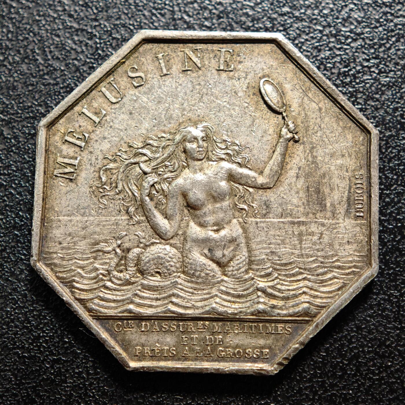 【德藏】世界币章拍卖第161期 名誉品 1832-1841年 法国海洋保险公司美人鱼海妖八角银质代币银章 油灯边铭 (新版法国八角代用币目录封面同款) 原味包浆 味道极佳  直径约：33.1mm；重约：17.5g