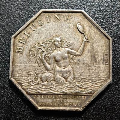 【德藏】世界币章拍卖第161期 - 名誉品 1832-1841年 法国海洋保险公司美人鱼海妖八角银质代币银章 油灯边铭 (新版法国八角代用币目录封面同款) 原味包浆 味道极佳  直径约：33.1mm；重约：17.5g