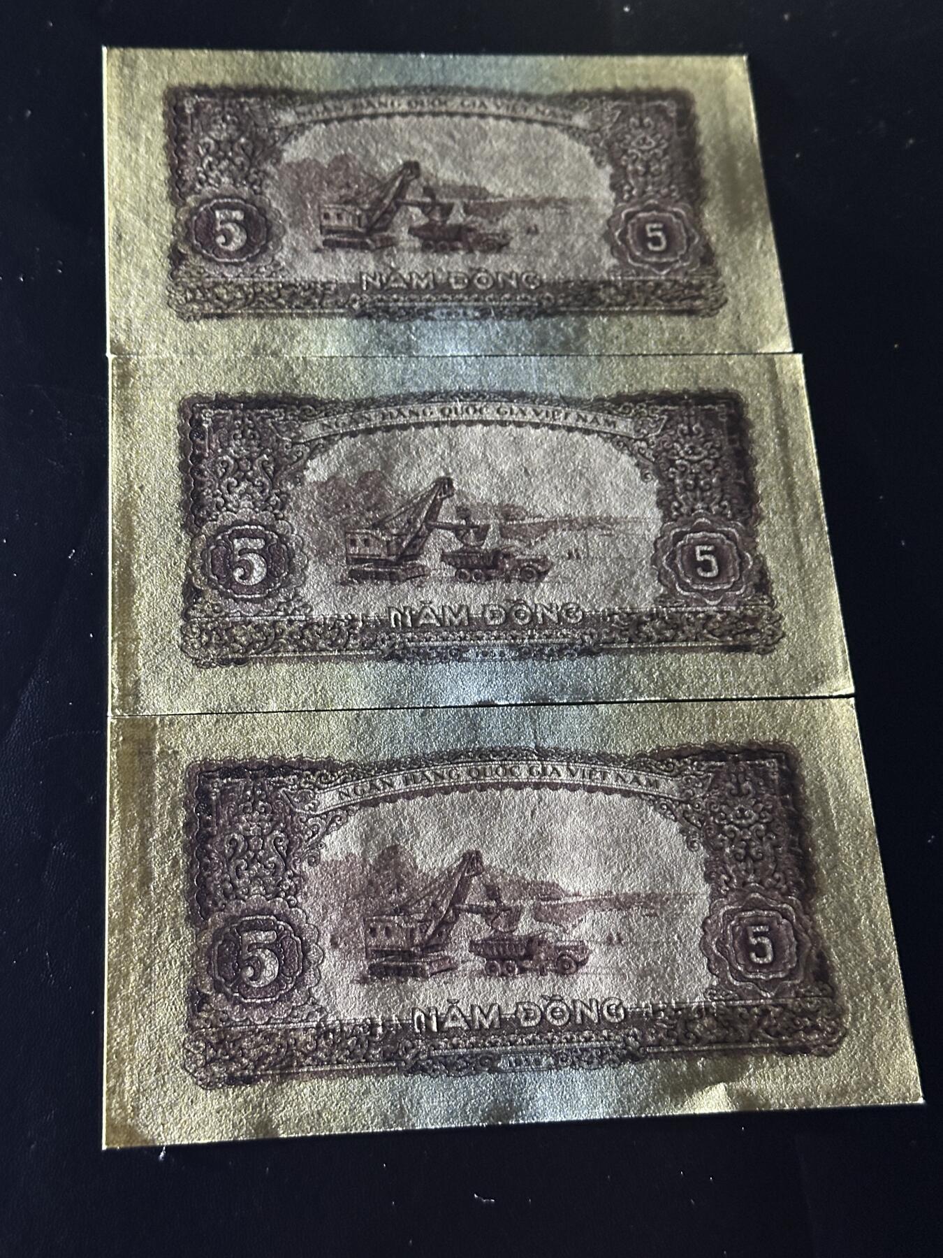 《外钞收藏家》第六百零一期（畅拍场）（本平台长期征集拍品、欢迎藏友们联系合作） 越南 中国代印版5盾 3张一起 全新UNC 有点角不绝