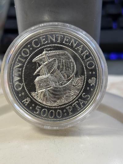 第187期拍卖 - 获奖西班牙1989年哥伦布旗舰圣玛利亚号加厚银币，获1991年度世界克劳斯最佳克朗币大奖，925银，