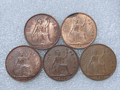 第一海外回流一元起拍收藏 散集专场  第290期 - 英国不同年份1便士铜币 5枚 大不列颠英国女神