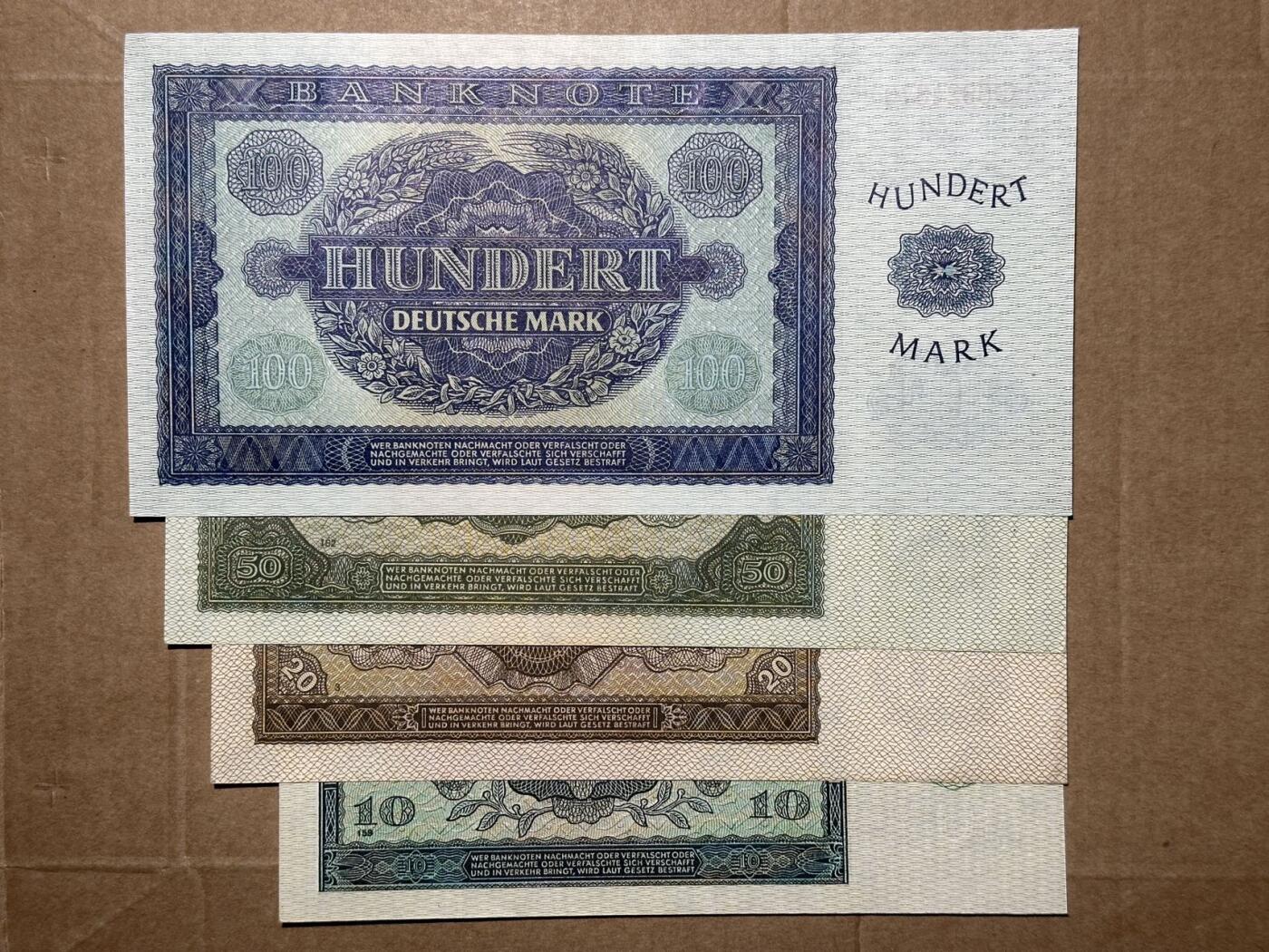 🐍甜小邱世界纸币收藏🐍第139期精品场💐 民主德国（东德）1948年10、20、50和100马克一套 社会主义阵营 全新UNC 50有黄 10有轻微角折