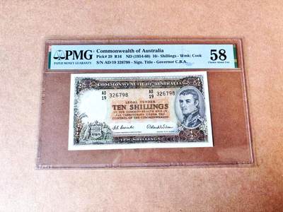 【Blue Auction】世界纸币精拍第774期——18级TOP拍卖/信誉/品质/专业/高效💫 - 【新加坡船王白氏旧藏】澳大利亚1954-60年10先令 PMG58