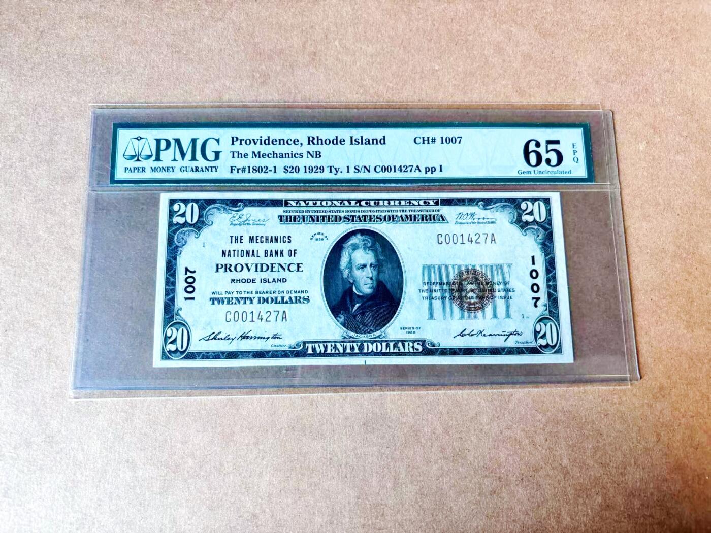 【Blue Auction】世界纸币精拍第774期——18级TOP拍卖/信誉/品质/专业/高效💫 【背标Embossing 该州早期国民券高分非常少见】美国 罗德岛 1929年20美金 千位小号 PMG65EPQ 老壳 凹凸感佳 油墨鲜亮 