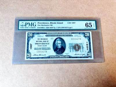 【Blue Auction】世界纸币精拍第774期——18级TOP拍卖/信誉/品质/专业/高效💫 - 【背标Embossing 该州早期国民券高分非常少见】美国 罗德岛 1929年20美金 千位小号 PMG65EPQ 老壳 凹凸感佳 油墨鲜亮 