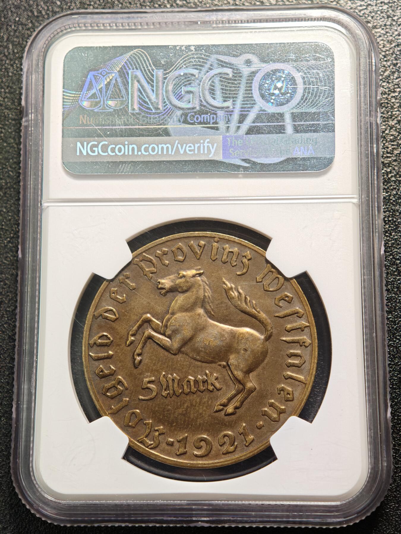 【德藏】世界币章拍卖第161期 稀少！马币总筋！ 1921年 德国德紧威斯特法伦5马克马币铜币  发行量仅4000多枚 NGC UNC