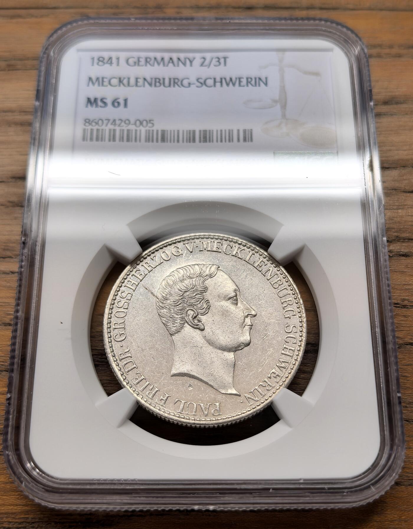 凡希社世界钱币微拍第三百十八期 1841德国梅克伦堡-什未林2/3泰勒银币NGC-MS61，稀见面值，原始铸造光泽。