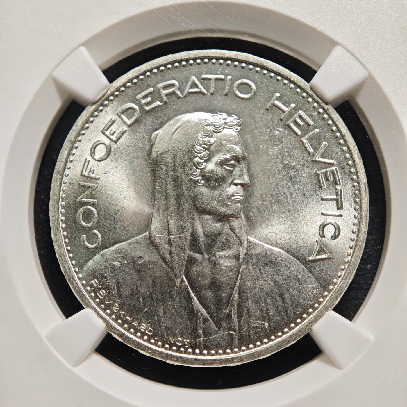 【德藏】世界币章拍卖第161期 1937年 瑞士5法郎银币 原光十足 NGC MS65