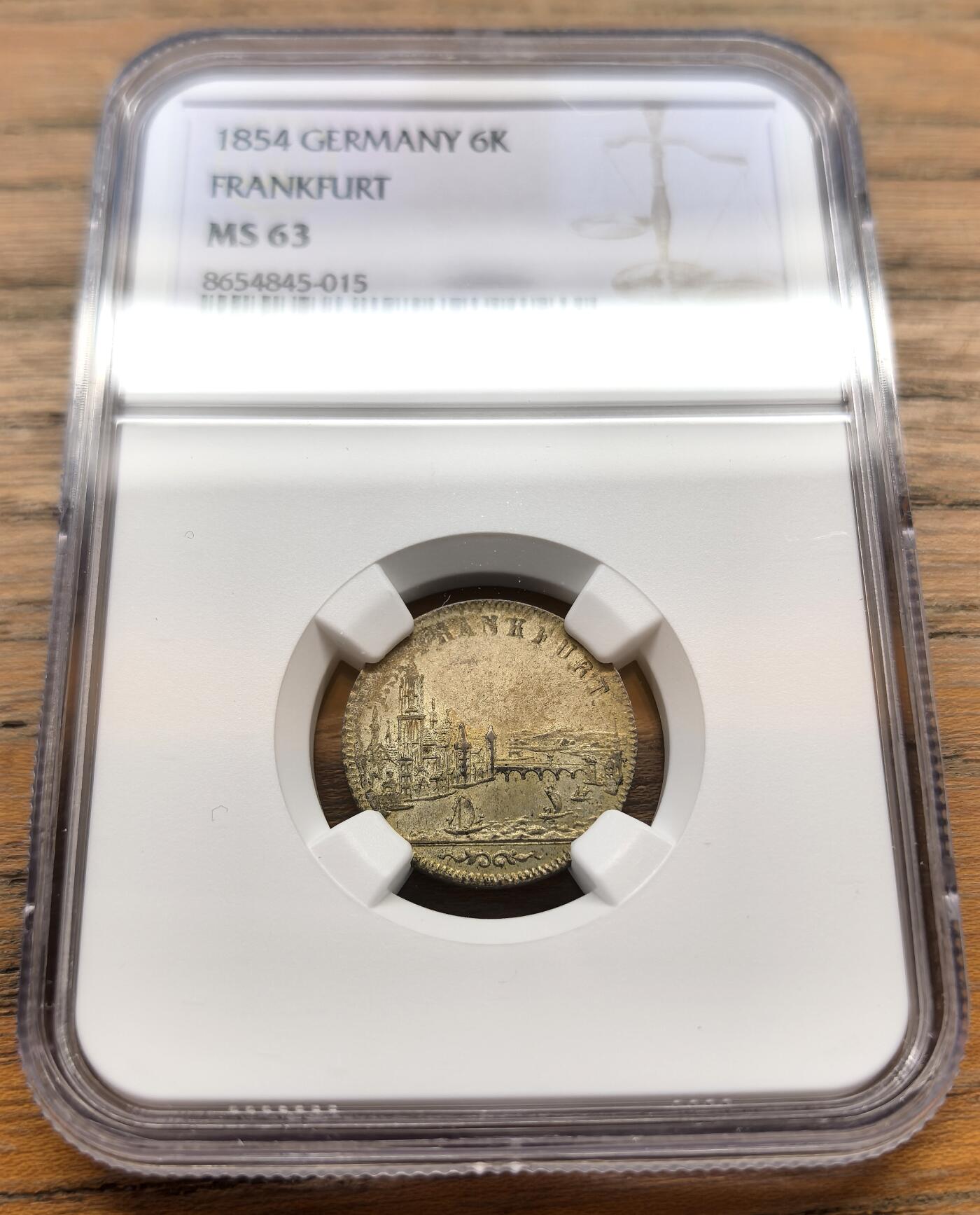 凡希社世界钱币微拍第三百十八期 1854德国法兰克福景观6K银辅币NGC-MS63，实物状态一流。