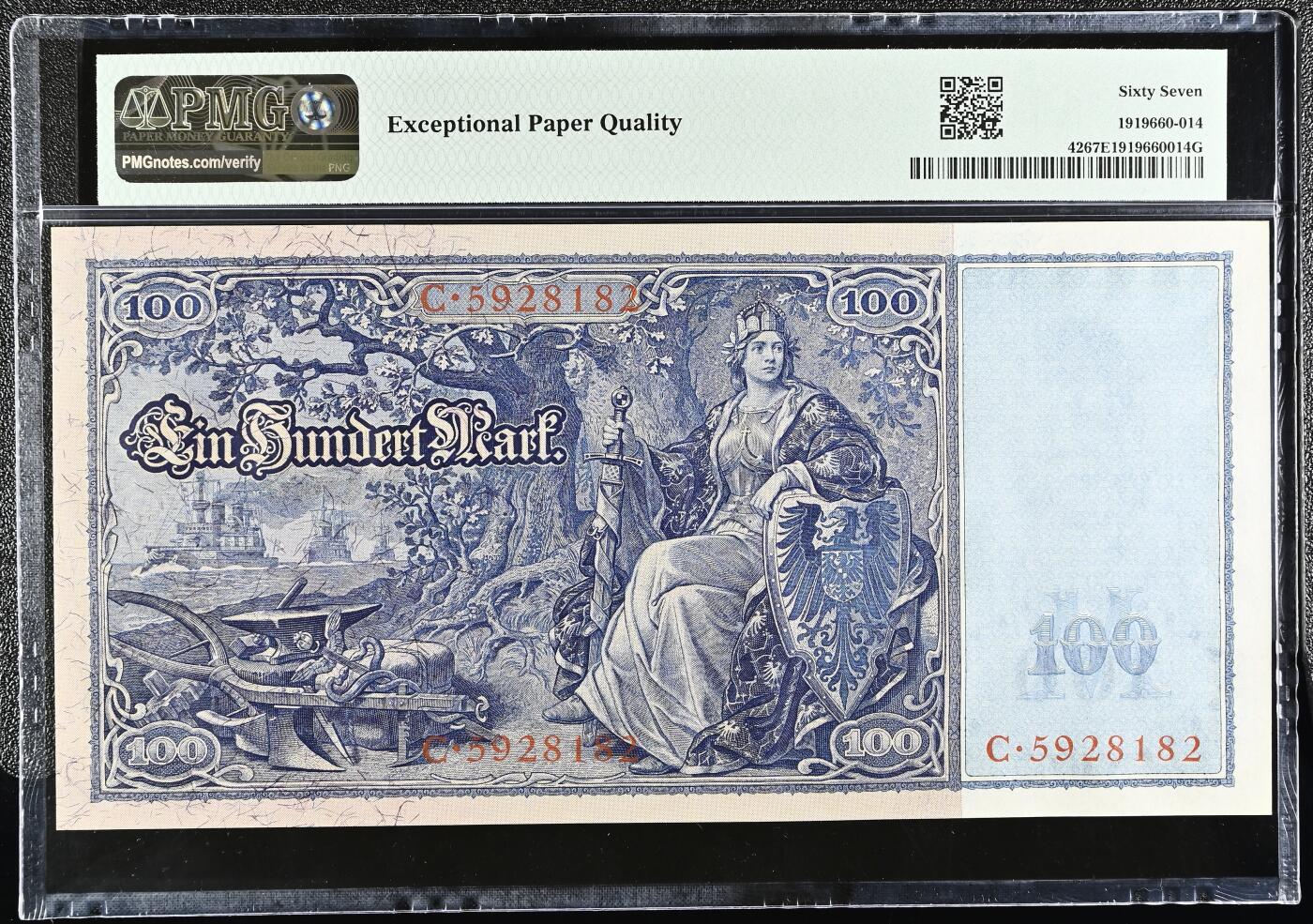 🐍甜小邱世界纸币收藏🐍第139期精品场💐 【冠军分+无347靓号+红字版】PMG67 德国 100马克 帝国银行纸钞 1910