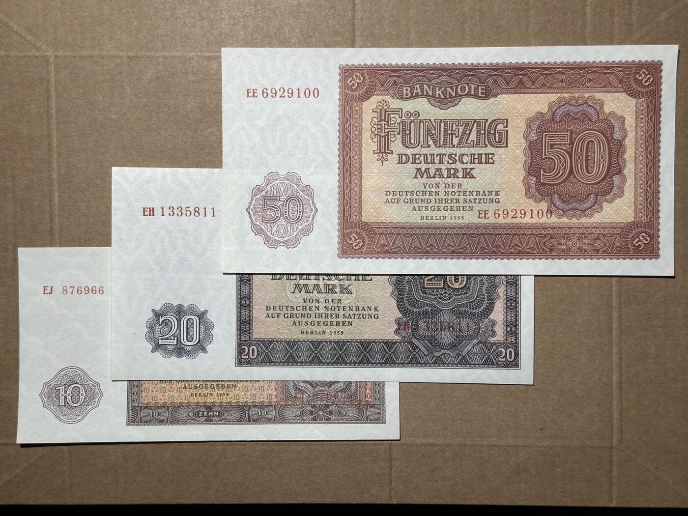 🐍甜小邱世界纸币收藏🐍第139期精品场💐 民主德国（东德）1955年10、20、50马克小套 社会主义阵营 全新UNC