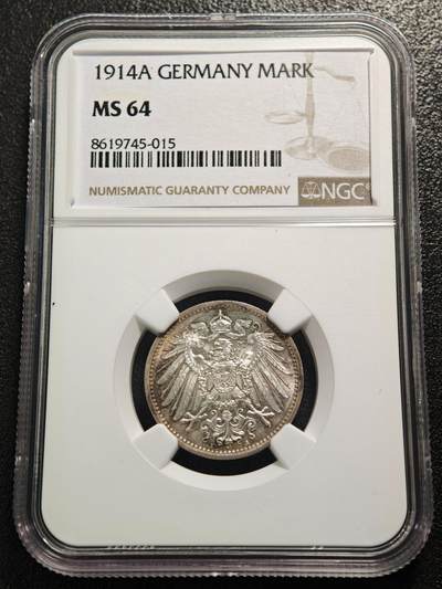 【德藏】世界币章拍卖第161期 - 1914年 德国1马克银币 淡彩包浆 NGC MS64