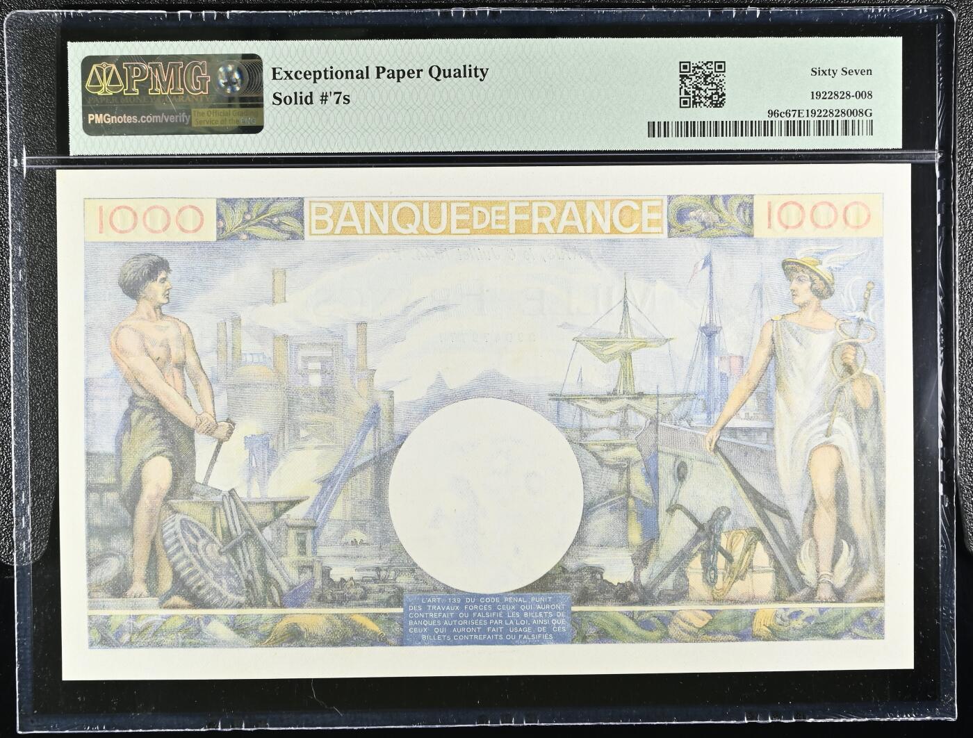 🐍甜小邱世界纸币收藏🐍第139期精品场💐 【冠军分+777通天号】PMG67 法国 1000法郎 1944