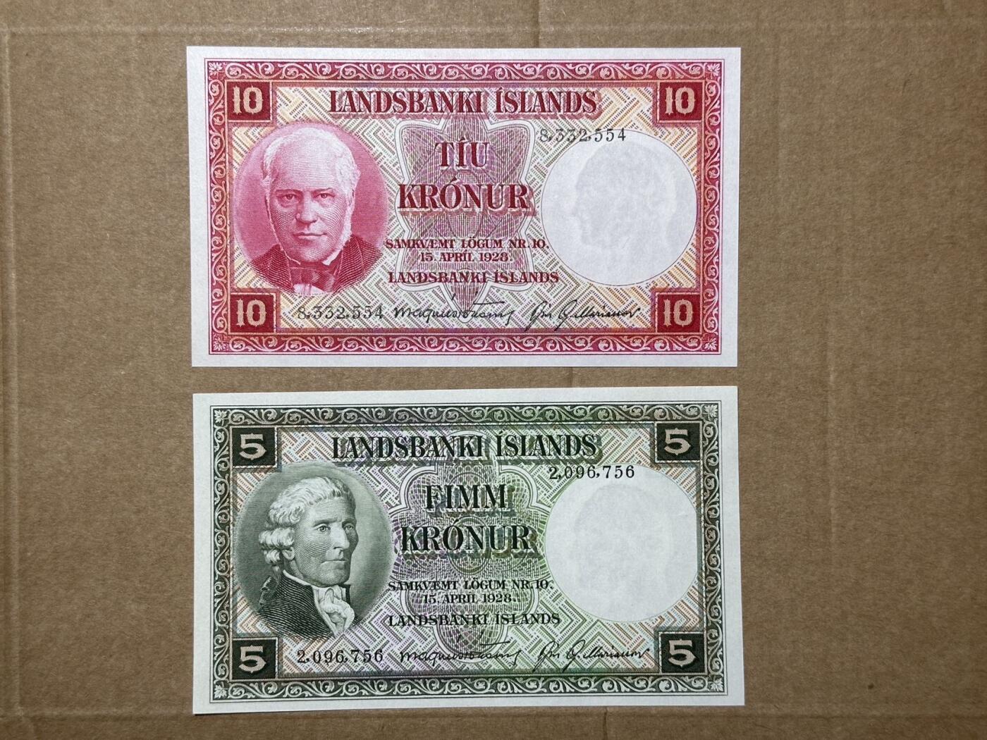 🐍甜小邱世界纸币收藏🐍第139期精品场💐 冰岛1928年5克朗和10克朗一对 北欧小清新BWC精品 全新UNC