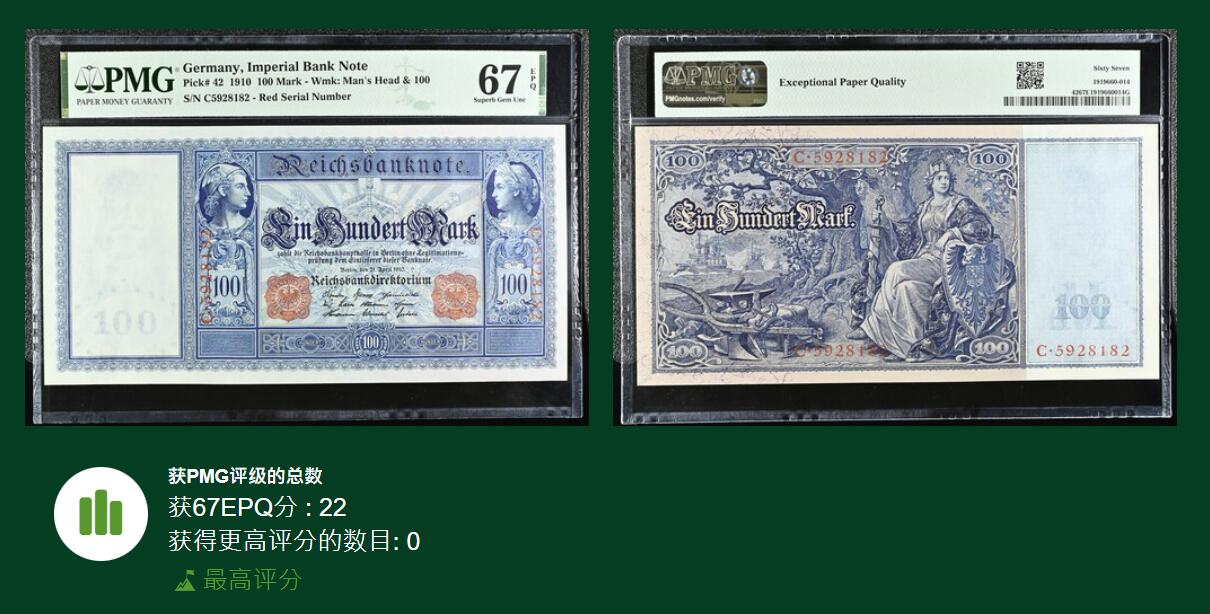 🐍甜小邱世界纸币收藏🐍第139期精品场💐 【冠军分+无347靓号+红字版】PMG67 德国 100马克 帝国银行纸钞 1910