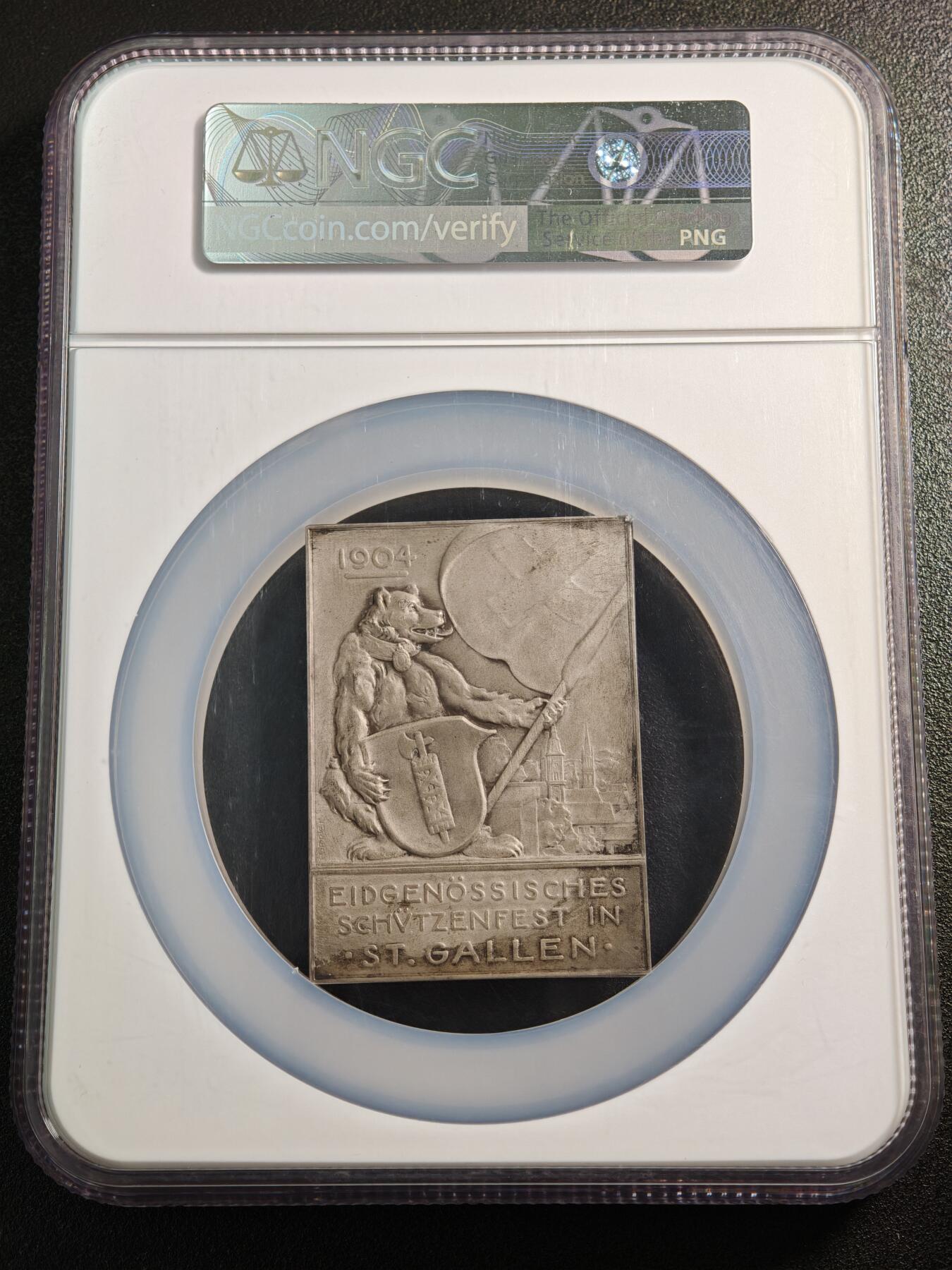 【德藏】世界币章拍卖第161期 1904年 瑞士圣加仑射击节45*63mm矩形纪念大银章 原味老包浆 NGC MS64