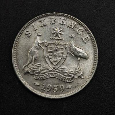 【淘币小摊】实时拍第八百四十八拍   散币银币场   满百包邮可预留二周 每周一统一发货   - 澳大利亚1959年伊丽莎白二世6便士银币