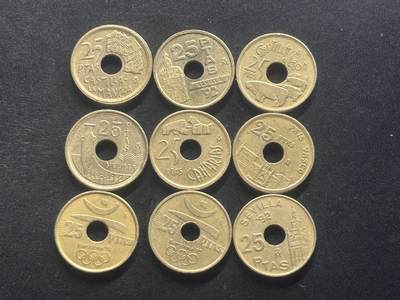 邮泉阁限时拍卖第三十九场 欧洲专场（硬币在国外。请付邮费6元。） - 西班牙25比塞塔9枚