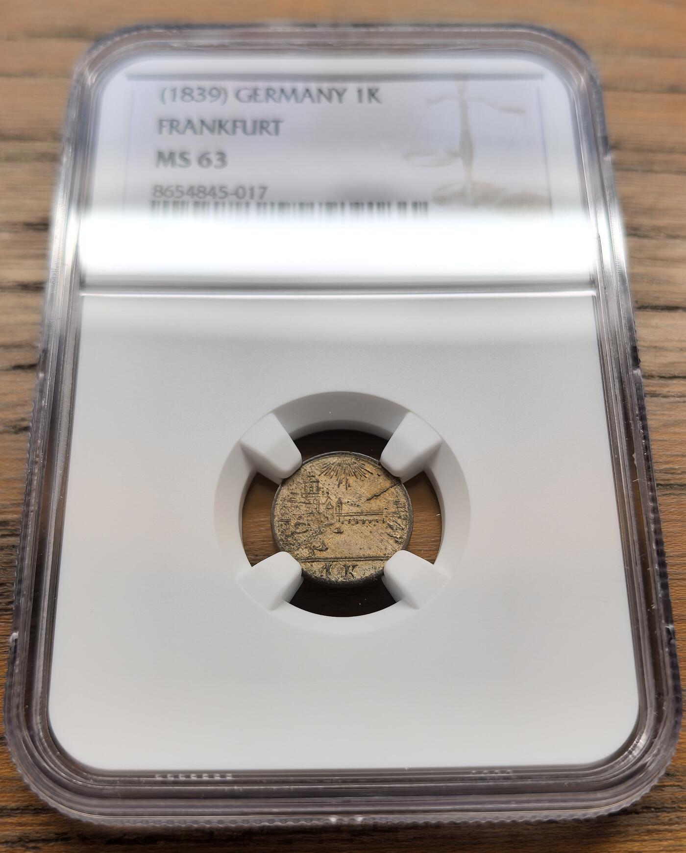 凡希社世界钱币微拍第三百十八期 1839德国法兰克福景观1K银辅币NGC-MS63