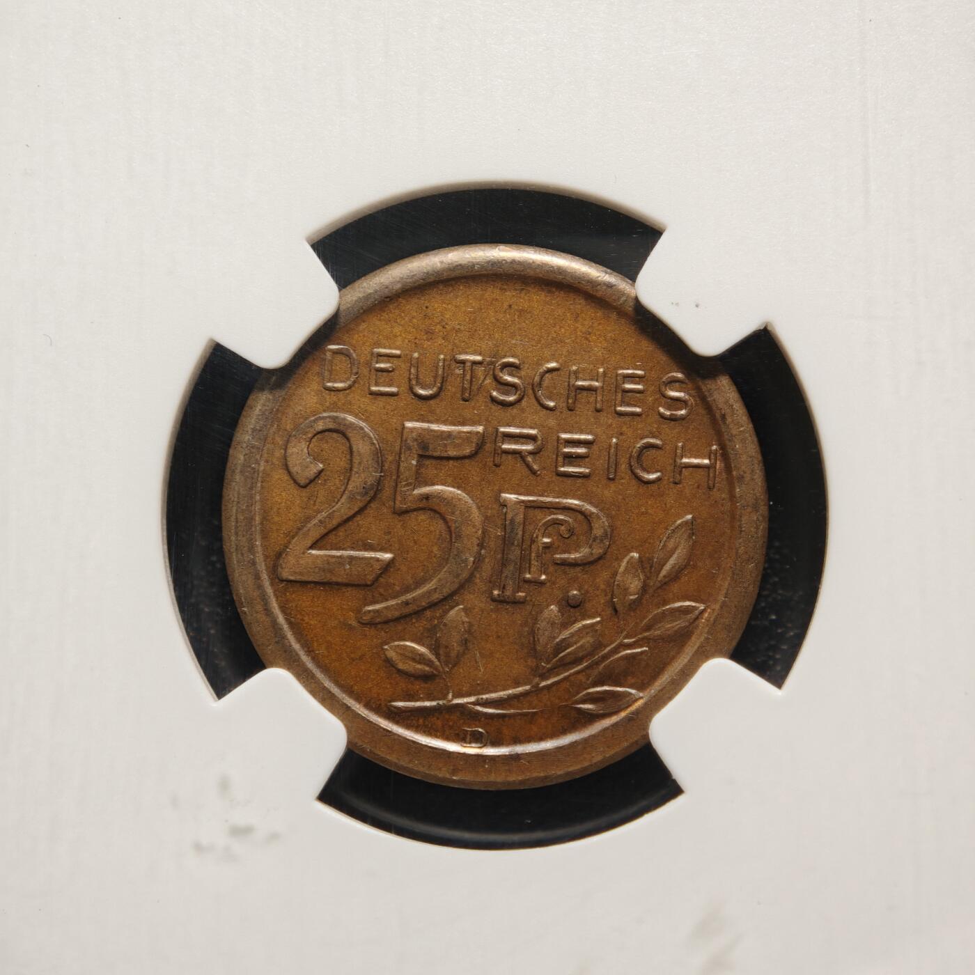 【德藏】世界币章拍卖第161期 1908年 德国25芬尼大嘴鹰 精制铜样币 章牌大师:卡尔歌茨作品 NGC PF63BN