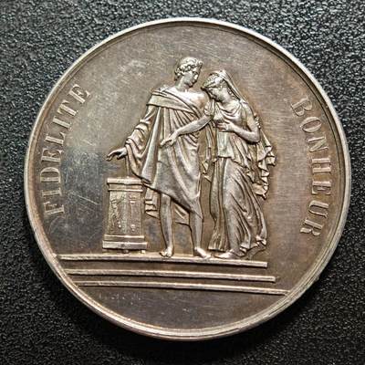 【德藏】世界币章拍卖第161期 - 1910年(刻字) 法国结婚纪念银章 刻字精美  直径约：39.2mm；重约：26g