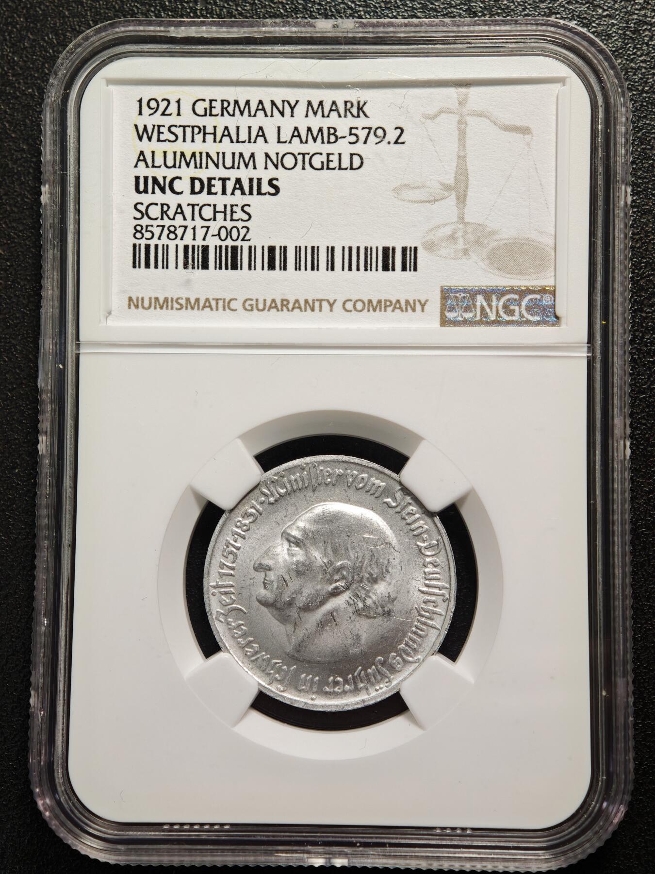 【德藏】世界币章拍卖第161期 2枚一组 1921年 德国德紧时期马币铝币 NGC UNC 及 1921年 德国德紧时期50芬尼马币铝币