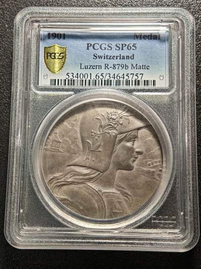 【德藏】世界币章拍卖第161期 - 1901年 瑞士卢塞恩射击节大银章 磨砂质感 PCGS SP65