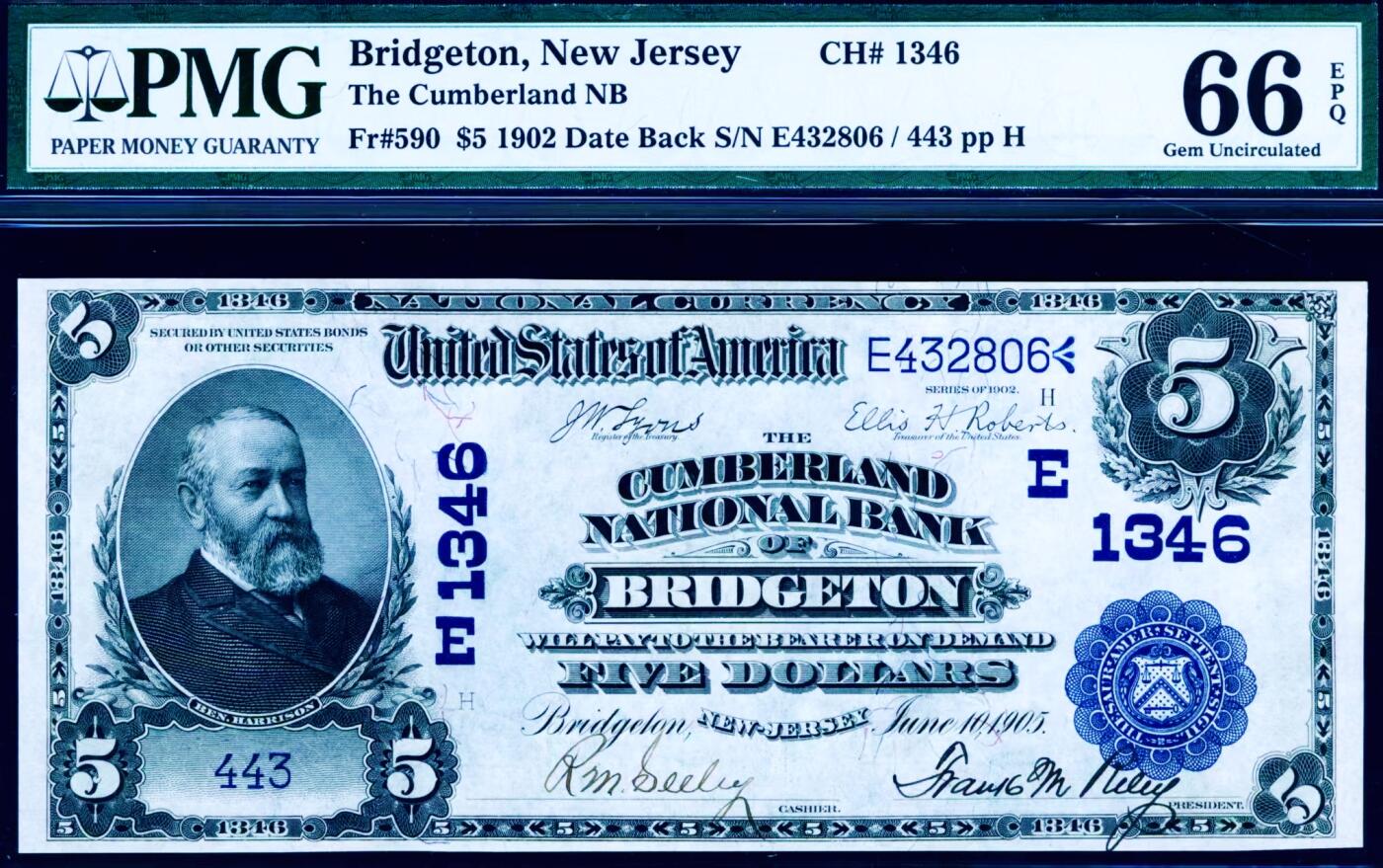 【Blue Auction】世界纸币精拍第774期——18级TOP拍卖/信誉/品质/专业/高效💫  【Date Back版 443小号】美国 新泽西州 1902年5美金 背面经典油画《朝圣者登陆》设计精美 正面人物为美国第23任总统哈里森 大胡子雕刻细腻 PMG66EPQ 高分 老壳