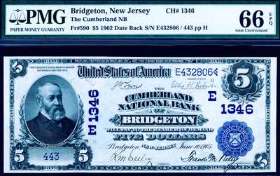【Blue Auction】世界纸币精拍第774期——18级TOP拍卖/信誉/品质/专业/高效💫 -  【Date Back版 443小号】美国 新泽西州 1902年5美金 背面经典油画《朝圣者登陆》设计精美 正面人物为美国第23任总统哈里森 大胡子雕刻细腻 PMG66EPQ 高分 老壳