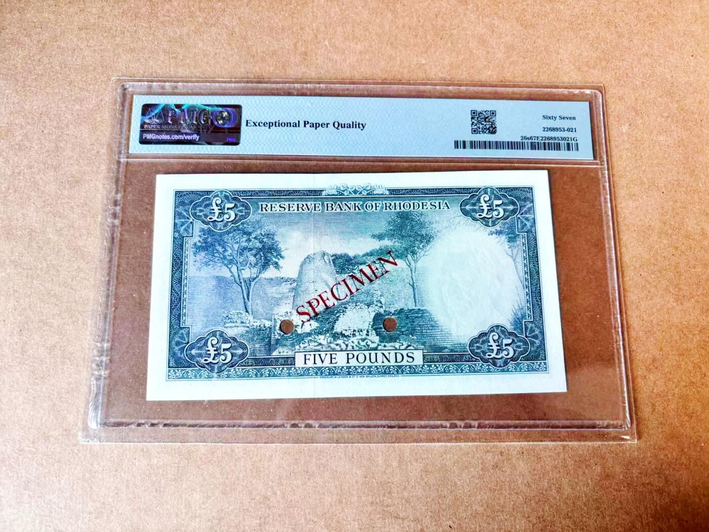 【Blue Auction】世界纸币精拍第774期——18级TOP拍卖/信誉/品质/专业/高效💫 【唯一冠军分】罗德西亚 1964年5镑 样钞 戎装女王 大津巴布韦遗址 BWC雕刻精美 PMG67EPQ 高分