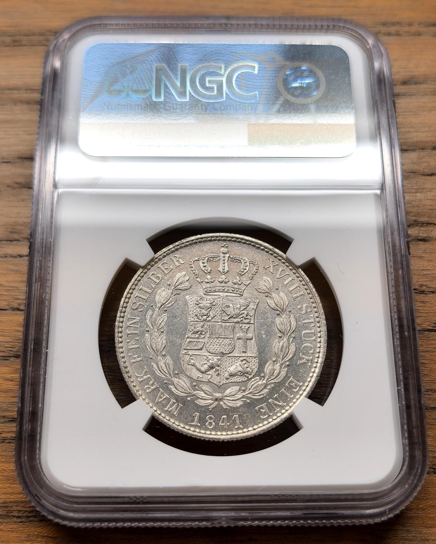 凡希社世界钱币微拍第三百十八期 1841德国梅克伦堡-什未林2/3泰勒银币NGC-MS61，稀见面值，原始铸造光泽。