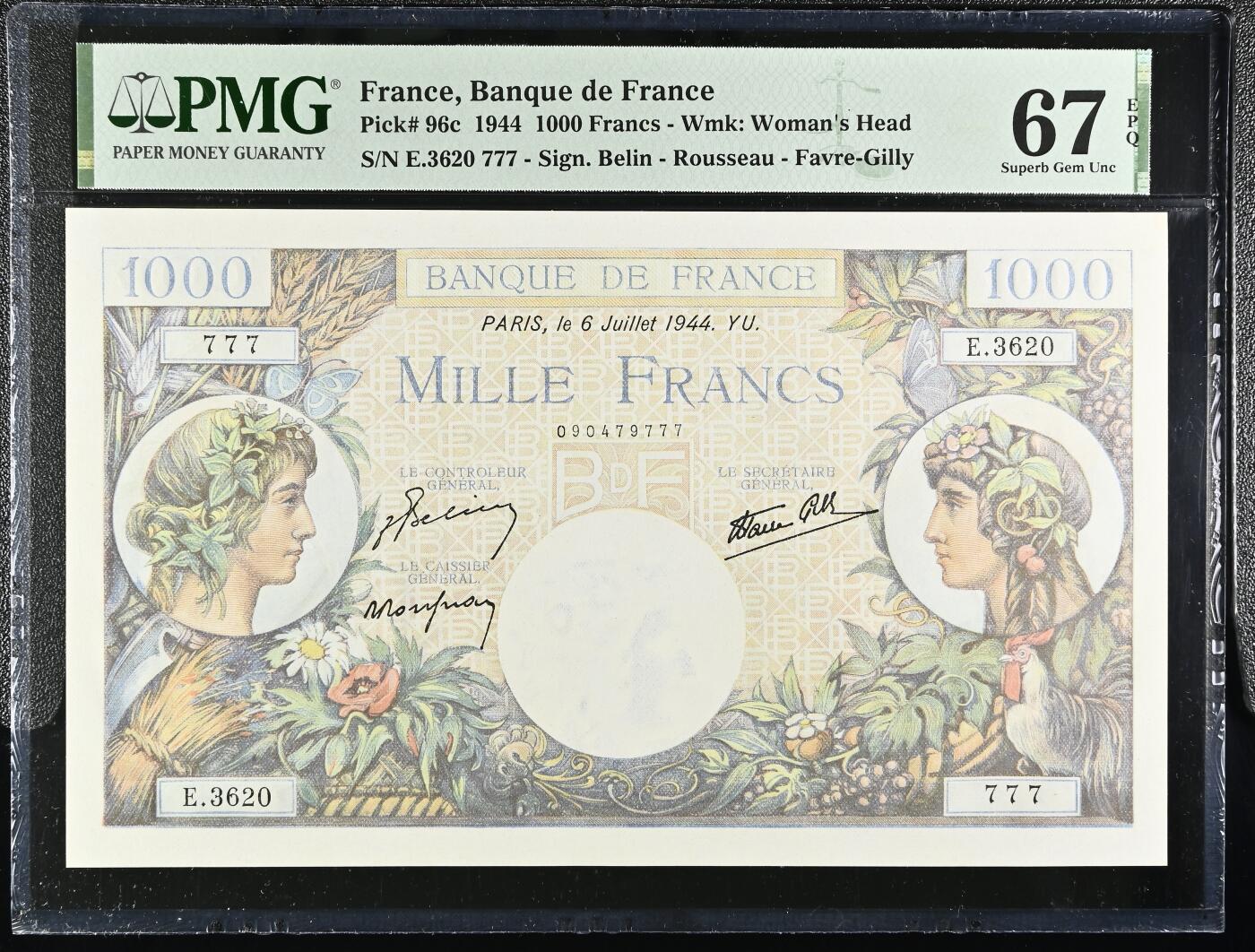 🐍甜小邱世界纸币收藏🐍第139期精品场💐 【冠军分+777通天号】PMG67 法国 1000法郎 1944