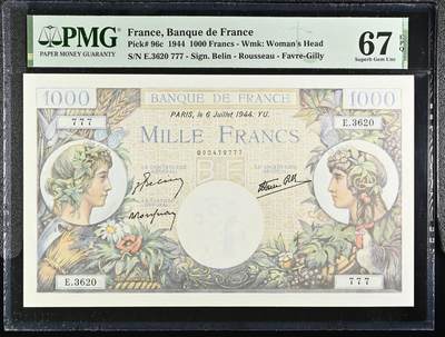 🐍甜小邱世界纸币收藏🐍第139期精品场💐 - 【冠军分+777通天号】PMG67 法国 1000法郎 1944