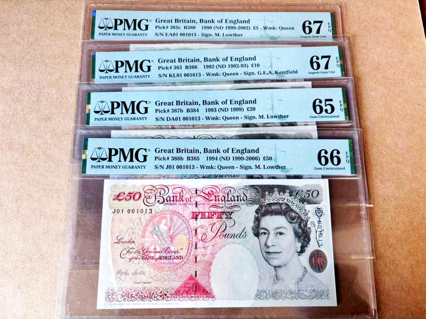 【Blue Auction】世界纸币精拍第774期——18级TOP拍卖/信誉/品质/专业/高效💫 【一组4张该签名首发冠1013全同小号】英国 1992-2006年5-50镑 PMG67EPQ-65EPQ