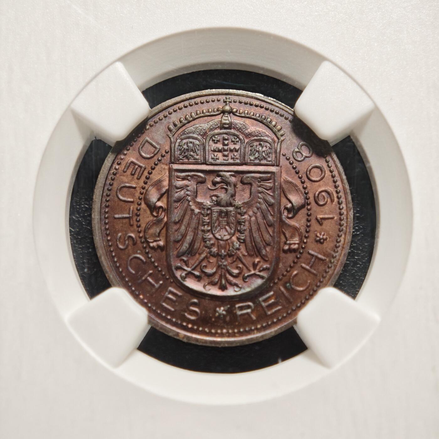 【德藏】世界币章拍卖第161期 1908年 德国25芬尼鹰徽 精制铜样币 章牌大师:卡尔歌茨作品 NGC PF63RB