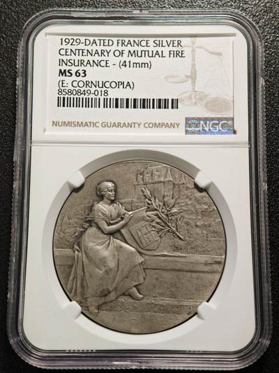 【德藏】世界币章拍卖第161期 - 1929年 法国火灾互助保险公司代用币纪念银章 NGC MS63 淡包浆磨砂质感 细节立体感极强