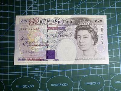 【炜奕收藏】，第五十六期，大不列颠专场 - 英国E序列初版数字版20镑，UNC-品相，轻微压痕和潮斑