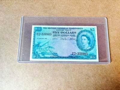 【Blue Auction】世界纸币精拍第774期——18级TOP拍卖/信誉/品质/专业/高效💫 - 【无47】英属加勒比1963年5元 大冠女王 AU品相