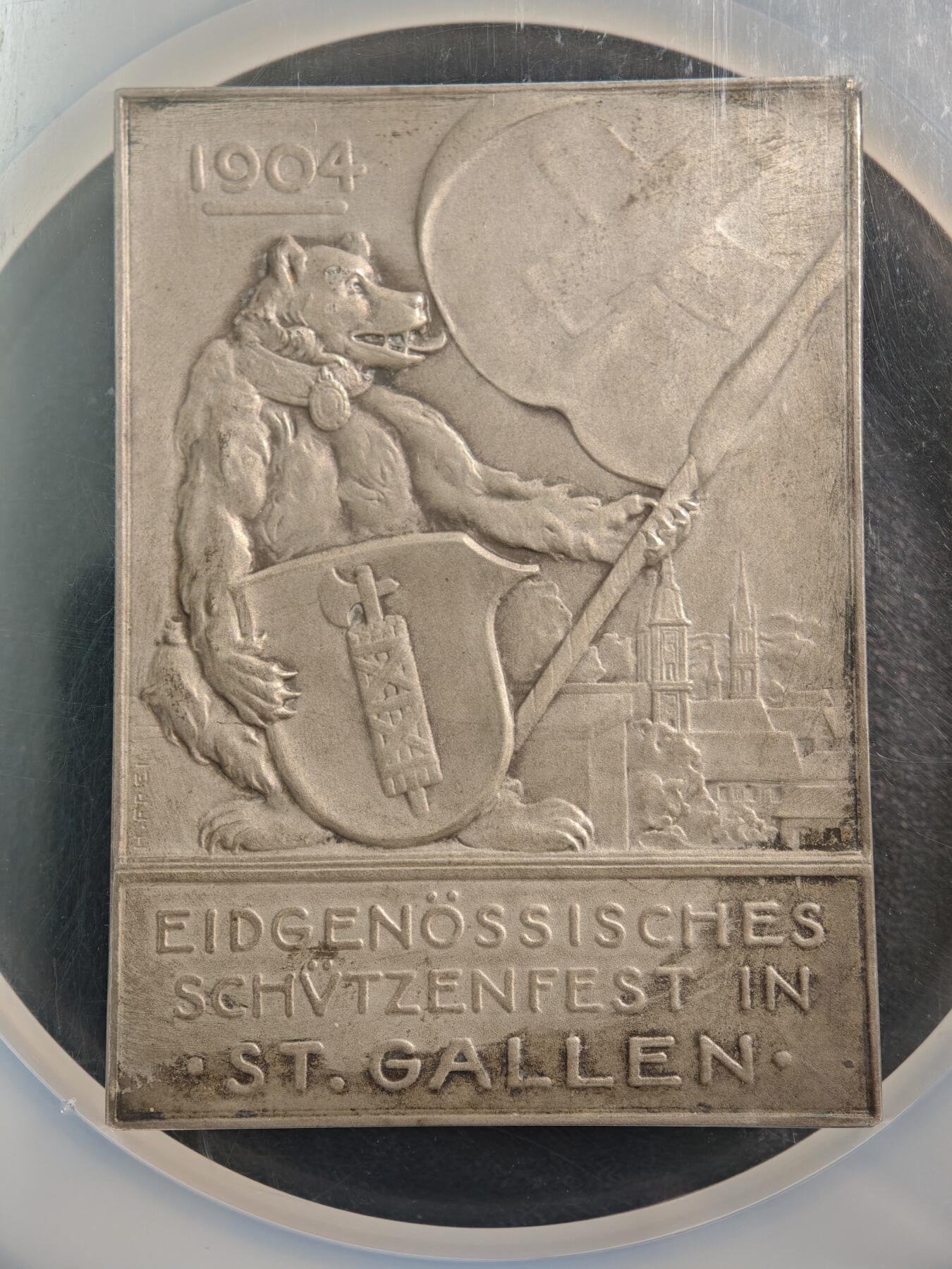 【德藏】世界币章拍卖第161期 1904年 瑞士圣加仑射击节45*63mm矩形纪念大银章 原味老包浆 NGC MS64