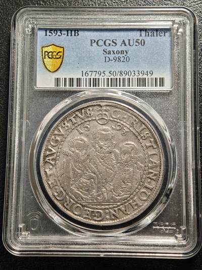 【德藏】世界币章拍卖第161期 - 1593年 德国萨克森选侯国“三兄弟”老泰勒大银币 原味好状态 PCGS AU50