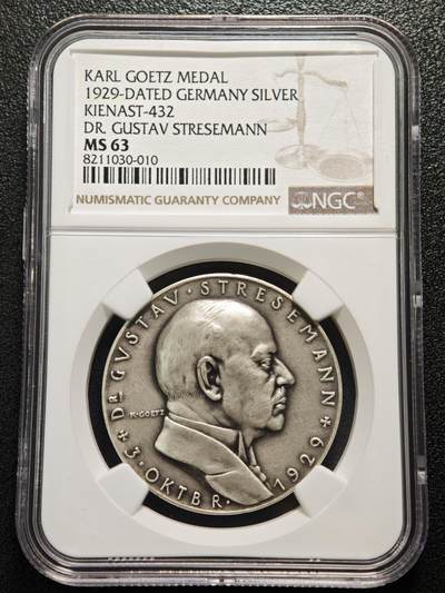 【德藏】世界币章拍卖第161期 - 1929年 德国魏玛共和国总理及外交部长1926年诺贝尔和平奖获得者古斯塔夫·施特雷泽曼去世纪念银章 名家卡尔歌茨作品 磨砂质感 NGC MS63