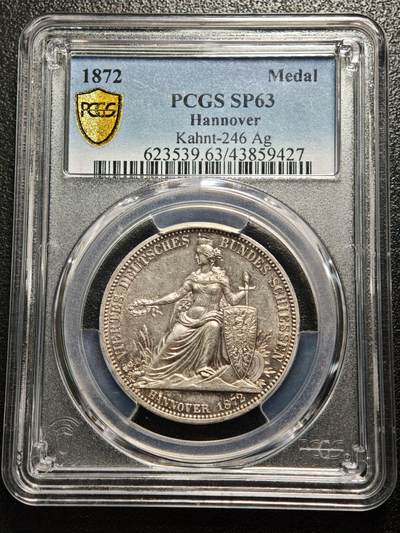 【德藏】世界币章拍卖第161期 - 1872年 德国汉诺威联邦射击节银章/泰勒银币 币章同体 PCGS SP63
