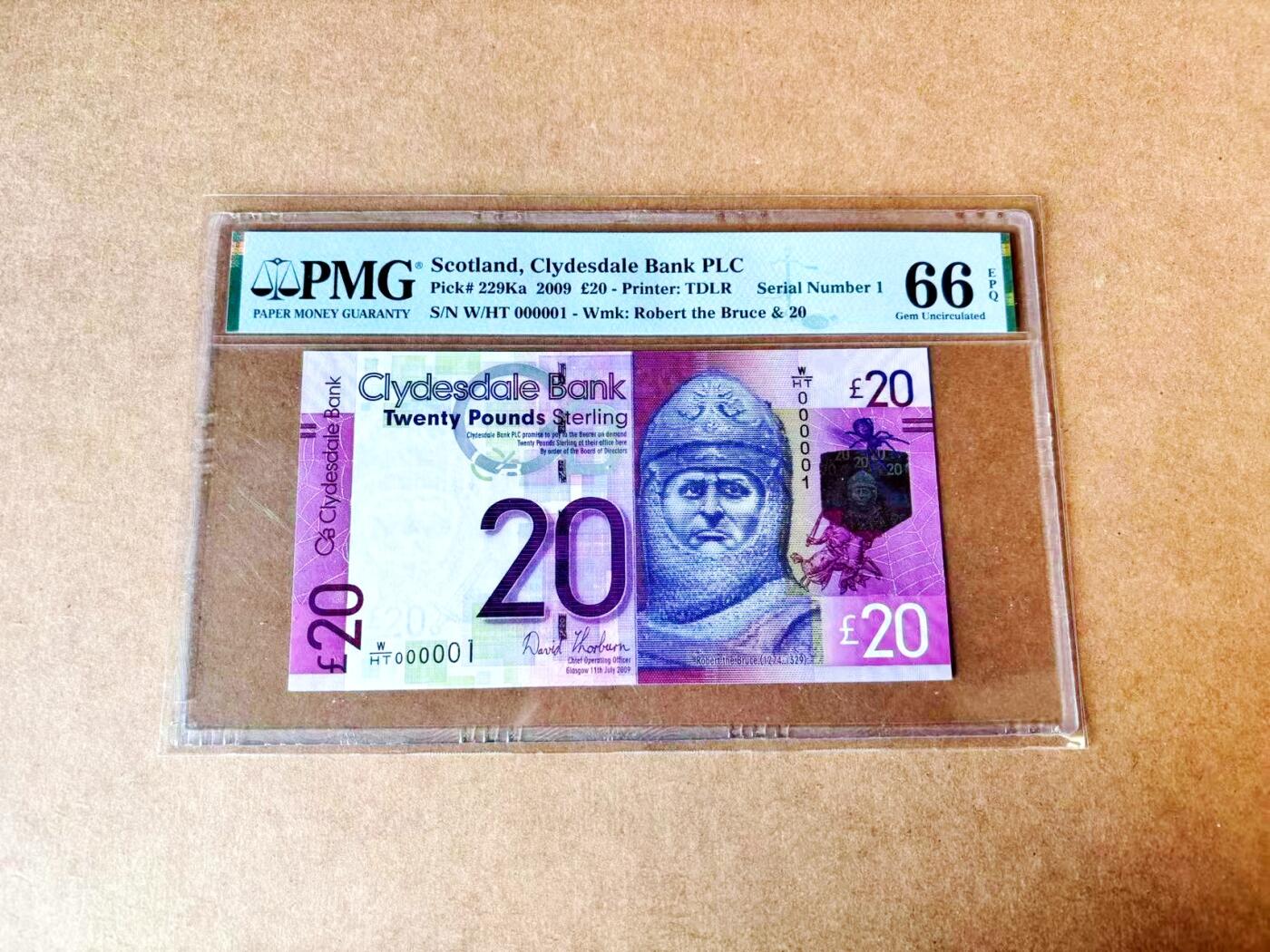 【Blue Auction】世界纸币精拍第774期——18级TOP拍卖/信誉/品质/专业/高效💫 【1号罕见】苏格兰 2009年20镑 正面人物罗伯特·布鲁斯领导苏格兰打败英格兰取得民族独立 PMG66EPQ（首发冠为W/HS，W/HT冠相当于英镑的A02冠，非常难得）